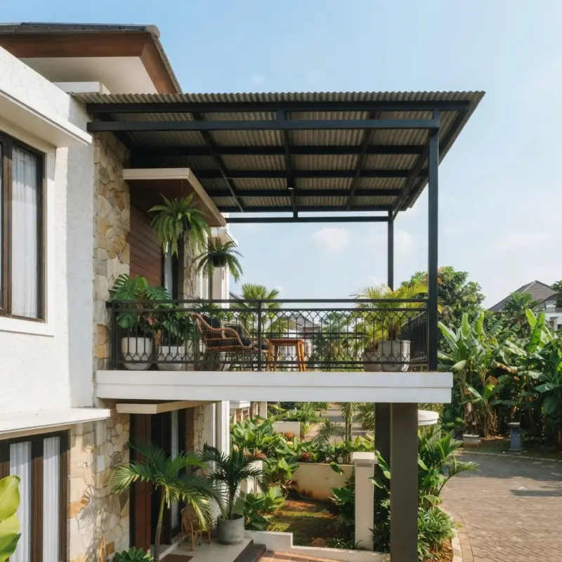 Kanopi Balkon Baja Hollow Atap Gelombang Gaya Tropis Modern [4]