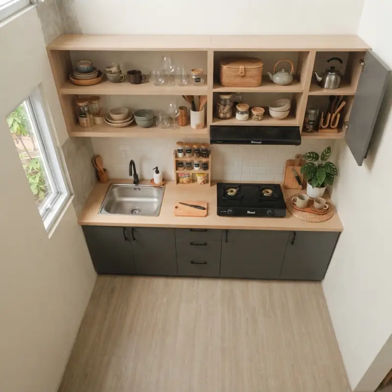 Kitchen Cabinet Bawah dengan Rak Dinding Terbuka Gaya Japandi [2]