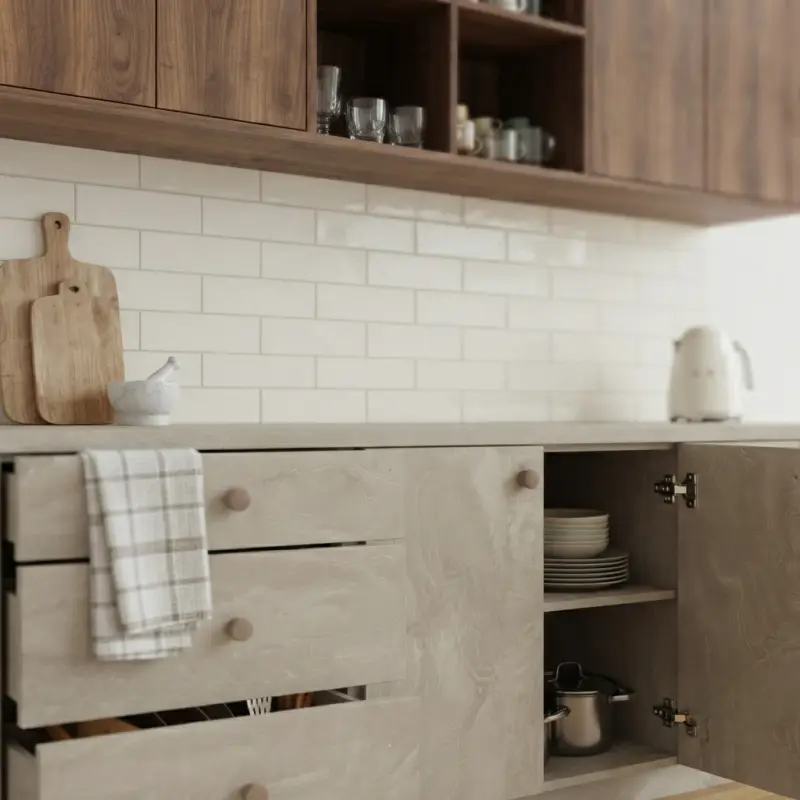 Kitchen Cabinet Dua Tone dengan Laci dan Rak Terbuka [4]