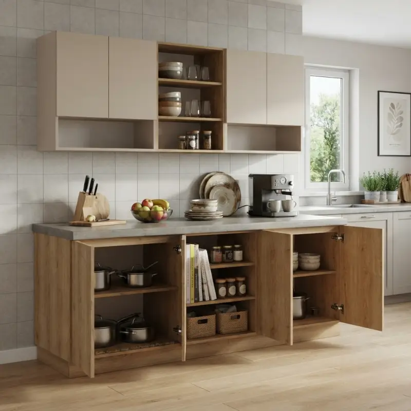 Kitchen Cabinet Kayu dengan Rak Terbuka dan Lemari Pintu [3]