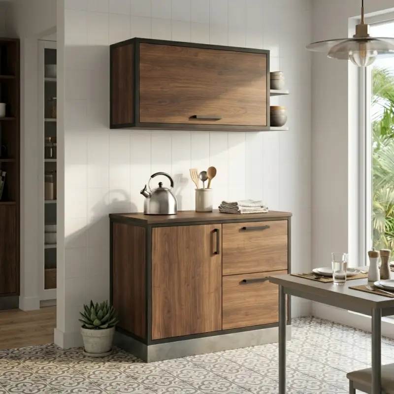 Kitchen Cabinet Set Kayu Walnut Frame Besi Industrial [3]