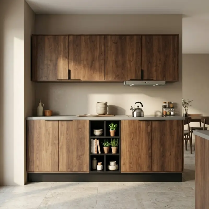 Kitchen Cabinet Set Walnut dengan Open Shelf dan Wall Cabinet [2]