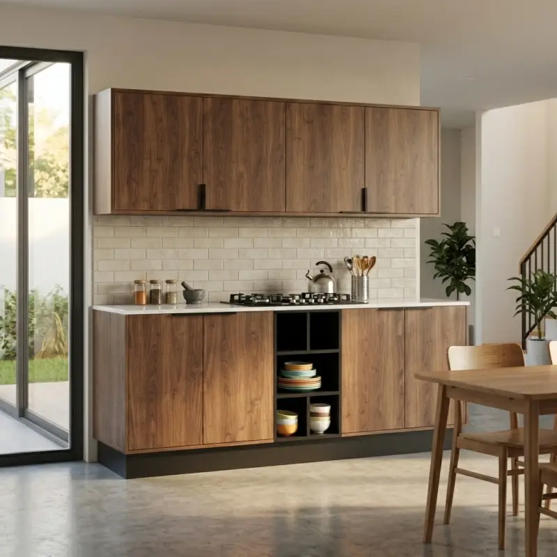 Kitchen Cabinet Set Walnut dengan Open Shelf dan Wall Cabinet [4]
