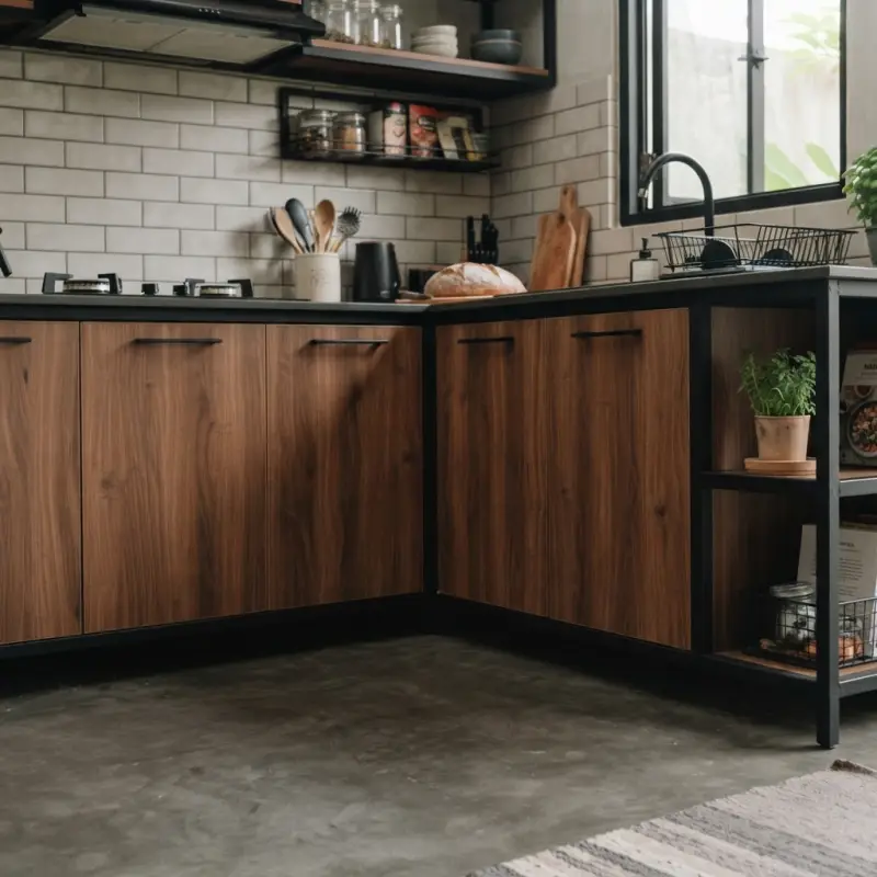 Kitchen Set Industrial L-Shape Rangka Besi Panel Kayu [3]