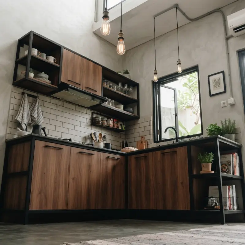 Kitchen Set Industrial L-Shape Rangka Besi Panel Kayu [4]