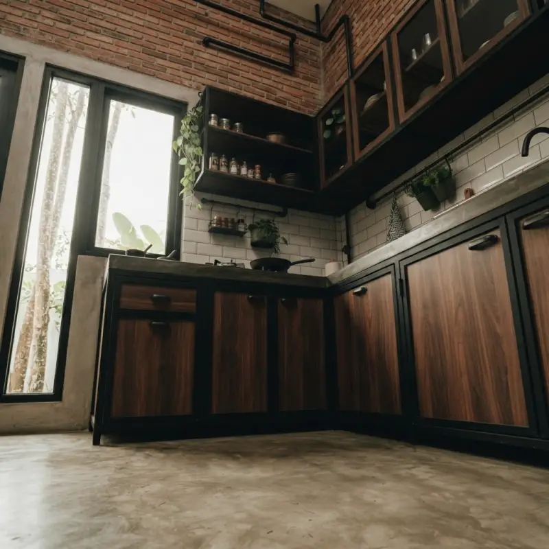 Kitchen Set Industrial L-Shape Rangka Besi Panel Kayu [2]