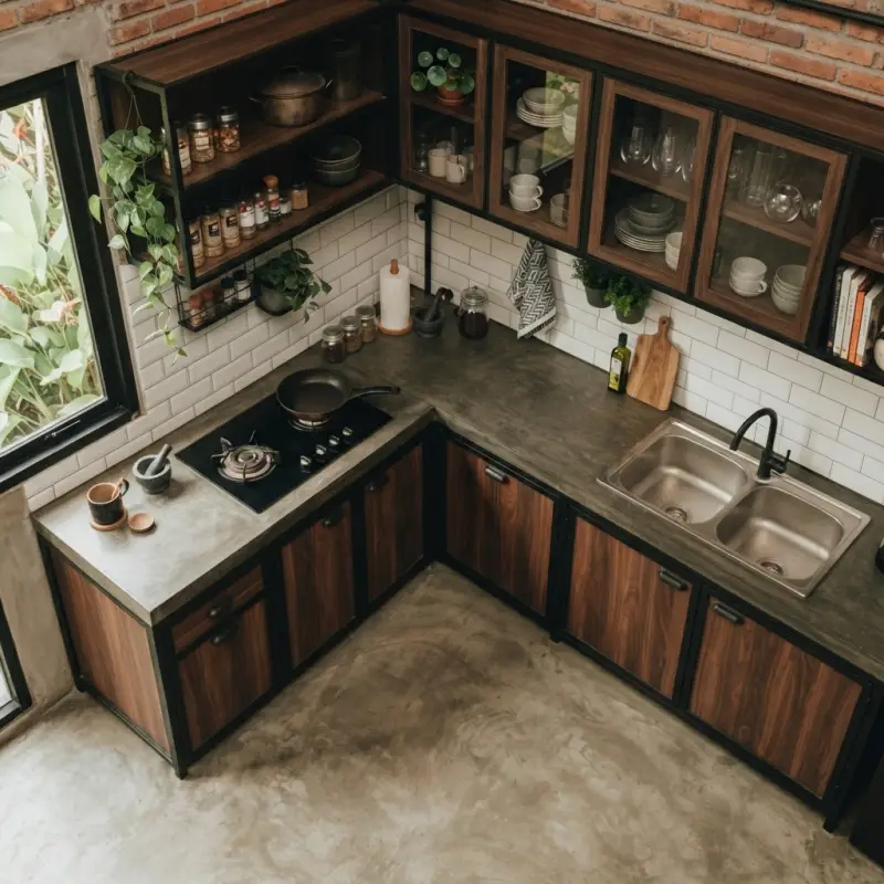 Kitchen Set Industrial L-Shape Rangka Besi Panel Kayu [4]