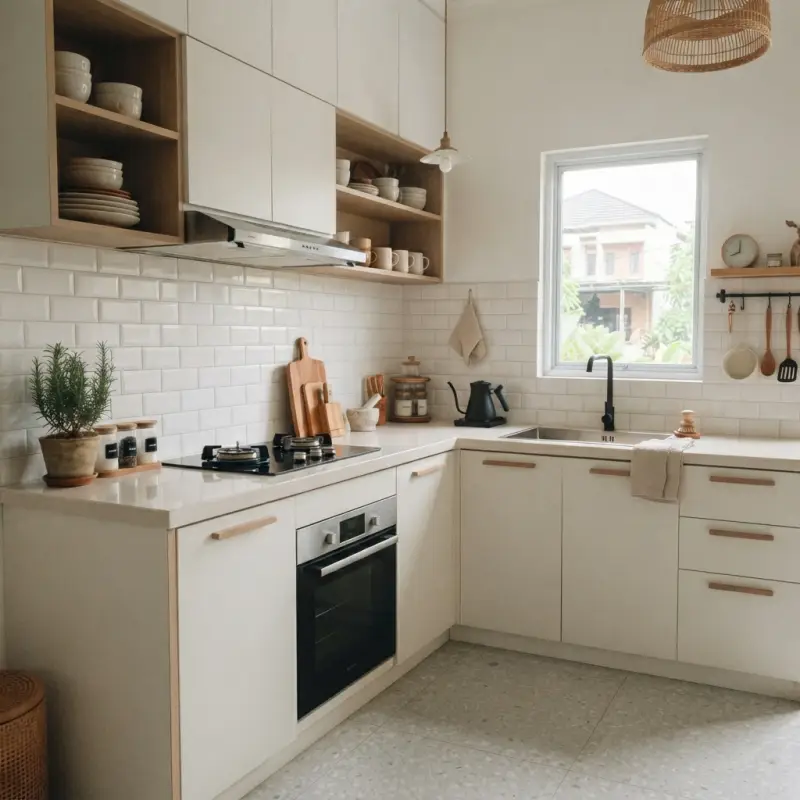 Kitchen Set L-Shape Scandinavian Cream Wood Accent [4]
