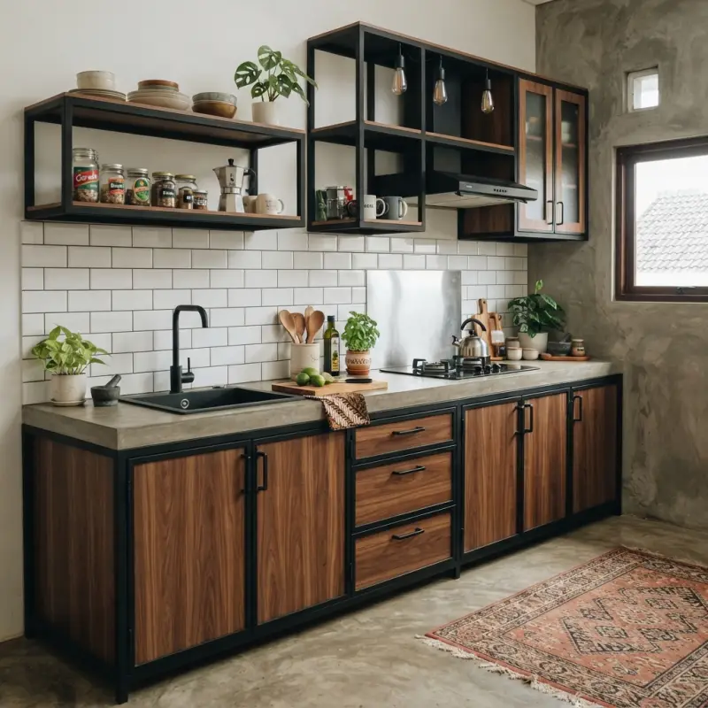 Kitchen Set Rangka Besi Finishing Walnut dengan Top Table Beton [2]