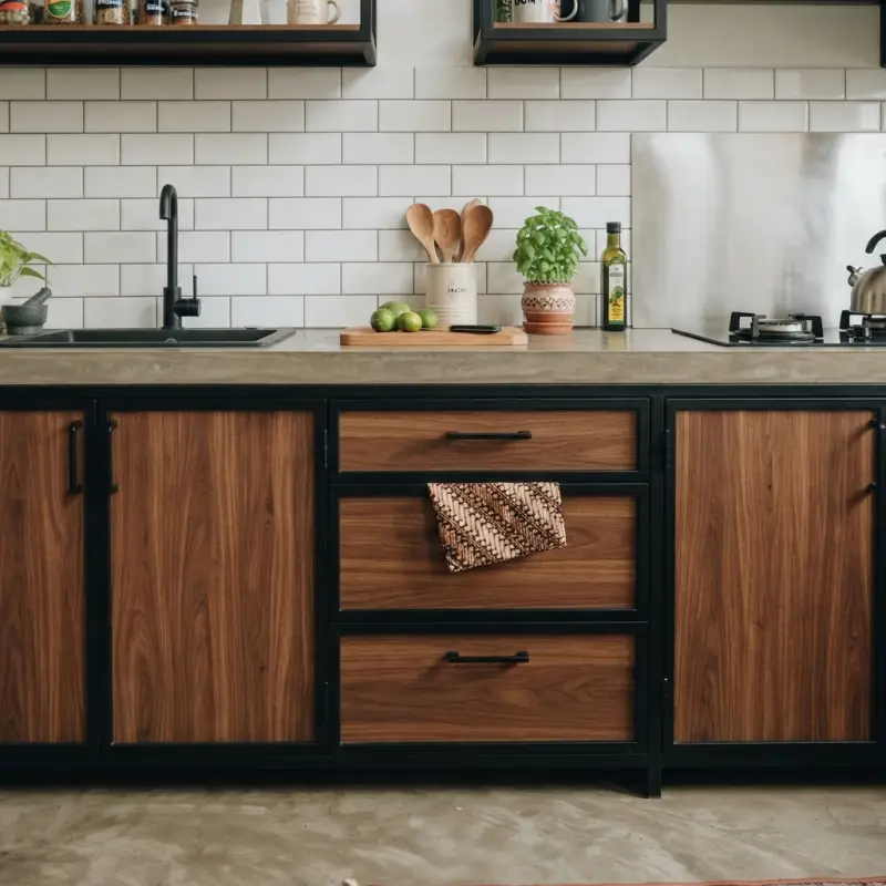 Kitchen Set Rangka Besi Finishing Walnut dengan Top Table Beton [3]