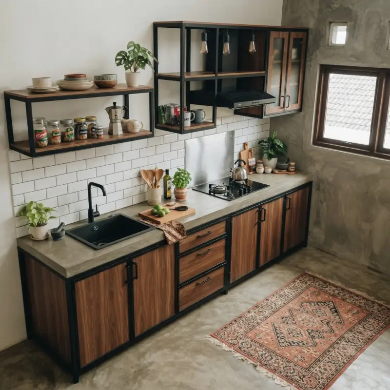 Kitchen Set Rangka Besi Finishing Walnut dengan Top Table Beton [4]