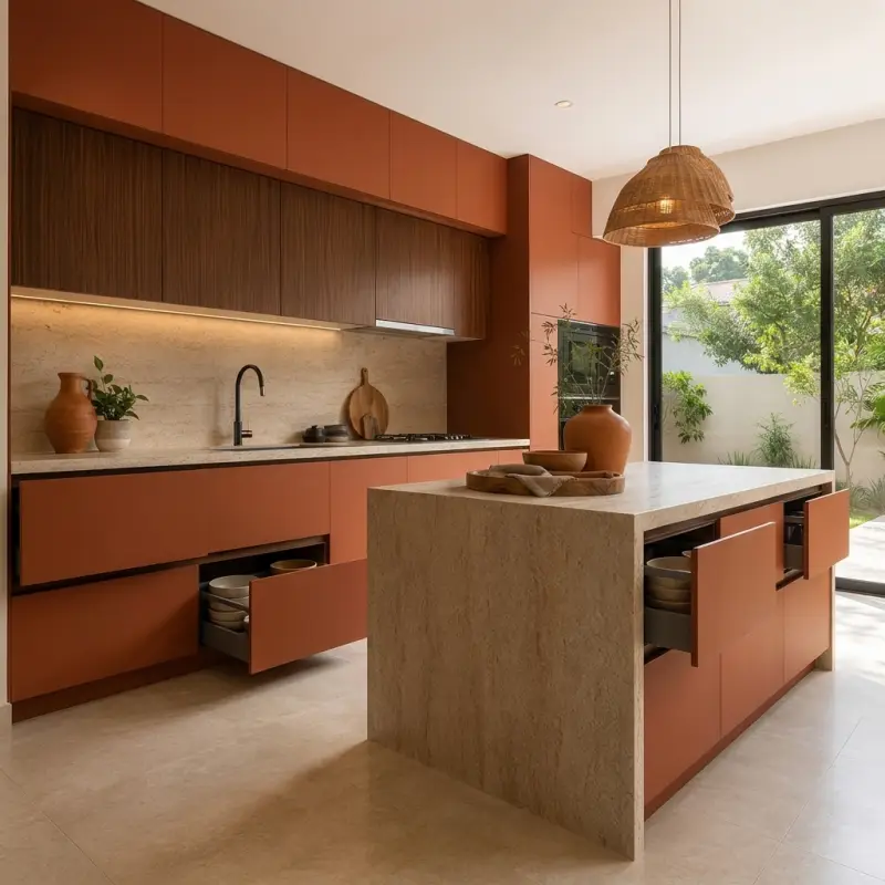 Kitchen Set Terracotta dengan Island dan Top Travertine [3]