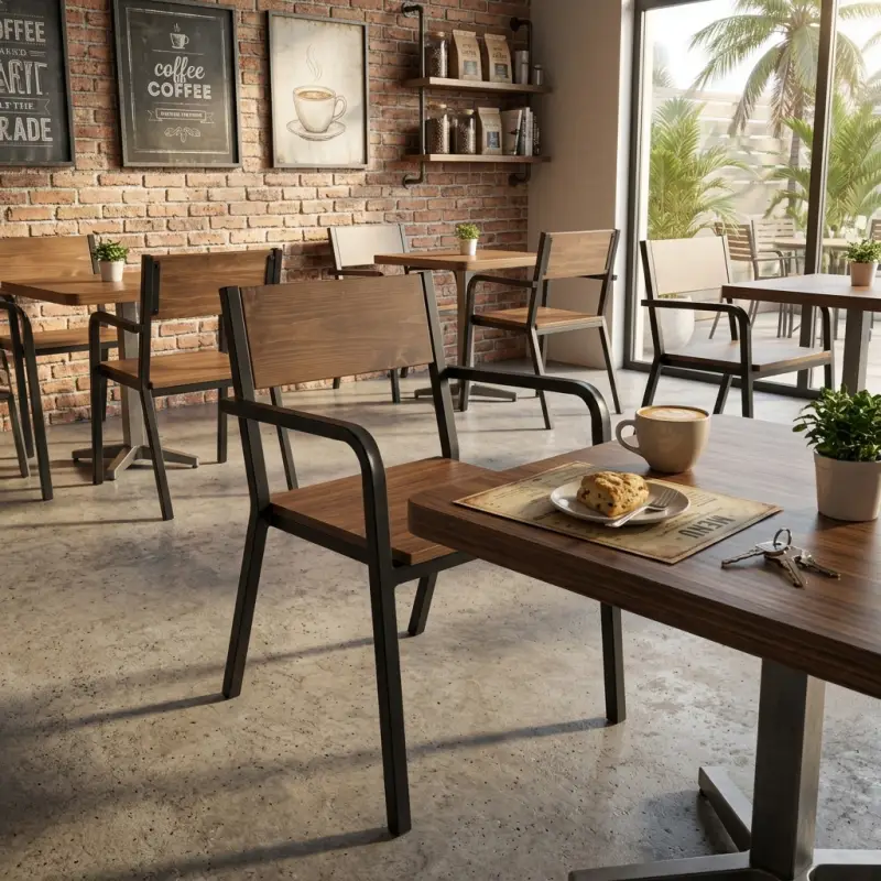 Kursi Cafe Industrial Rangka Besi Sandaran Kayu dengan Armrest [2]