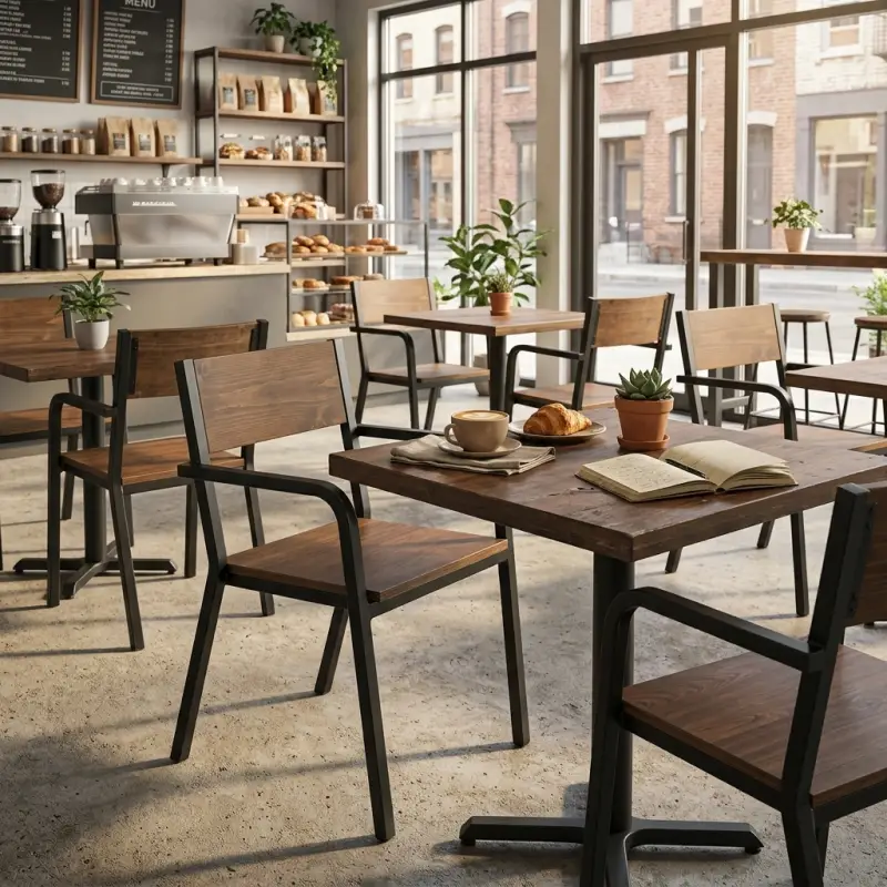 Kursi Cafe Industrial Rangka Besi Sandaran Kayu dengan Armrest [3]
