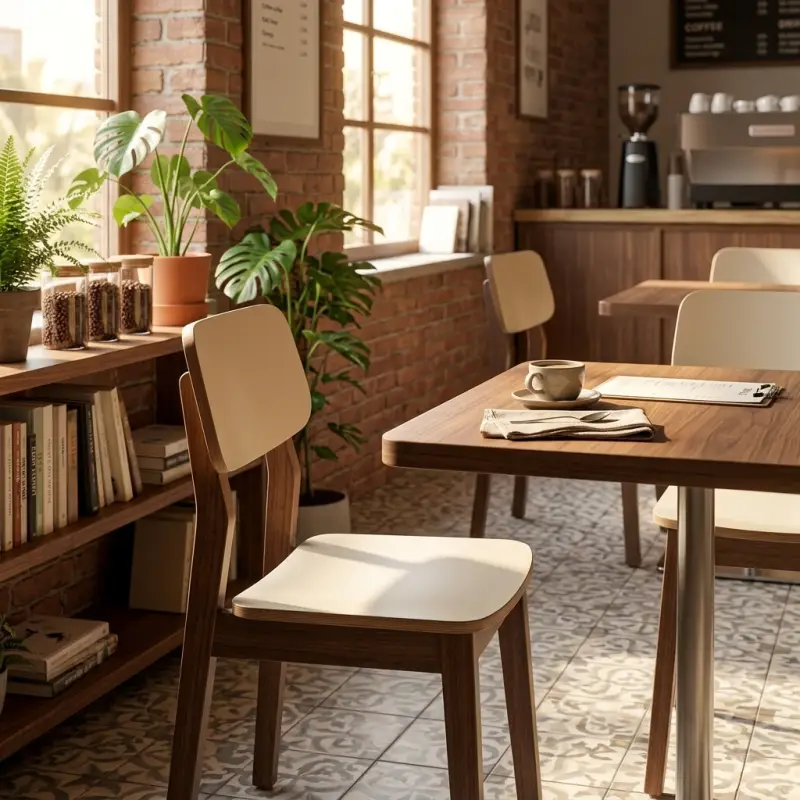 Kursi Cafe Kayu Walnut Sandaran Cream [2]