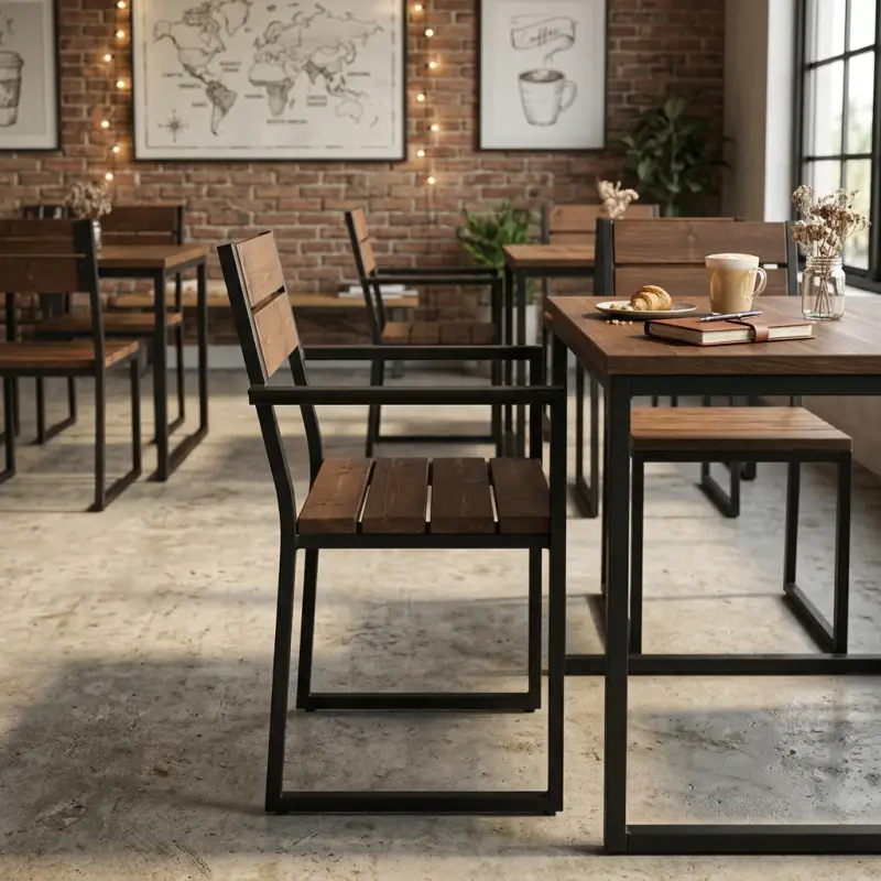 Kursi Cafe Rangka Besi Kayu Industrial Armrest [2]