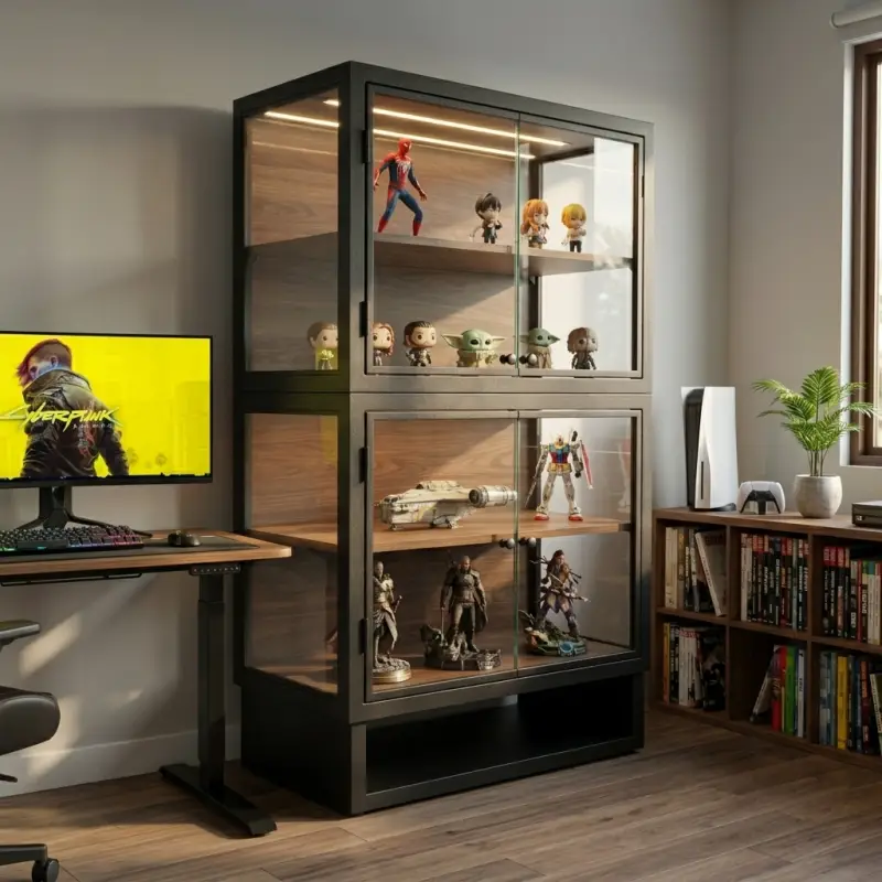 Lemari Display Kaca Dua Susun dengan Rak Kayu dan LED [4]