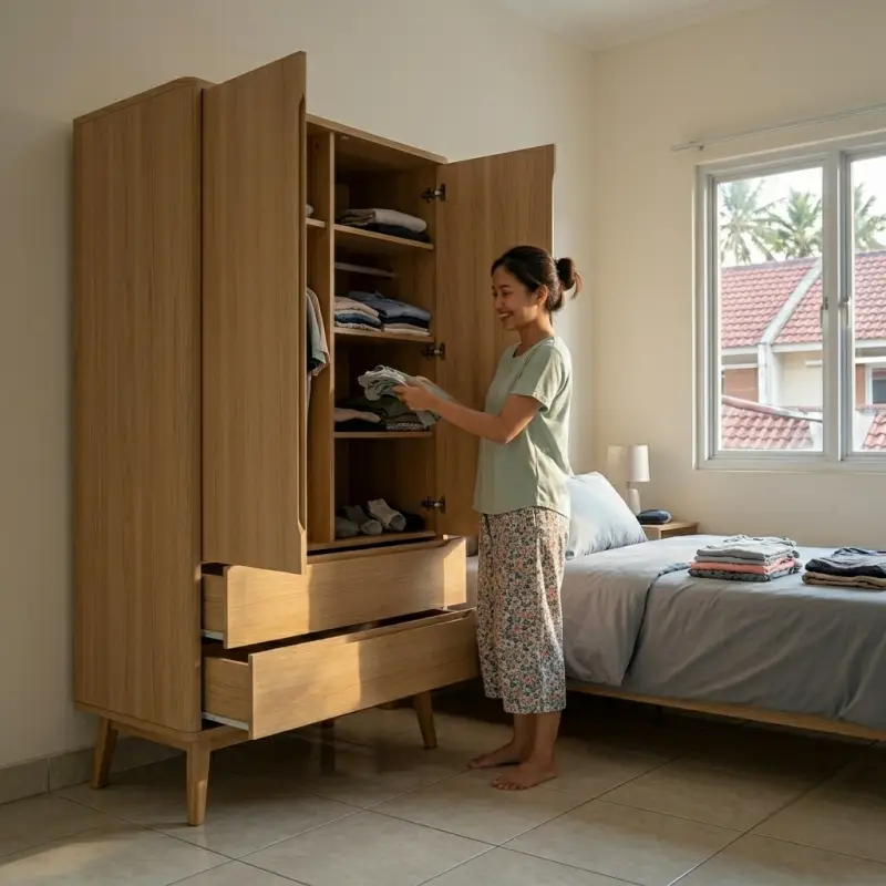 Lemari Pakaian 2 Pintu dengan Laci Scandinavian Oak [5]