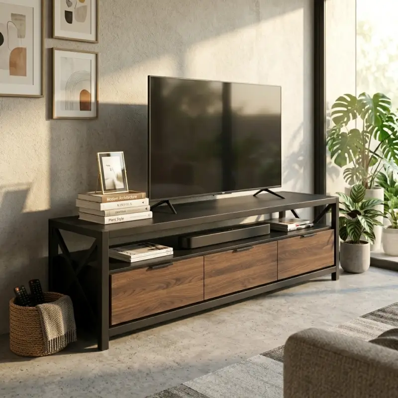 Lemari TV Besi Kayu Industrial dengan 3 Laci dan Rak Terbuka [2]