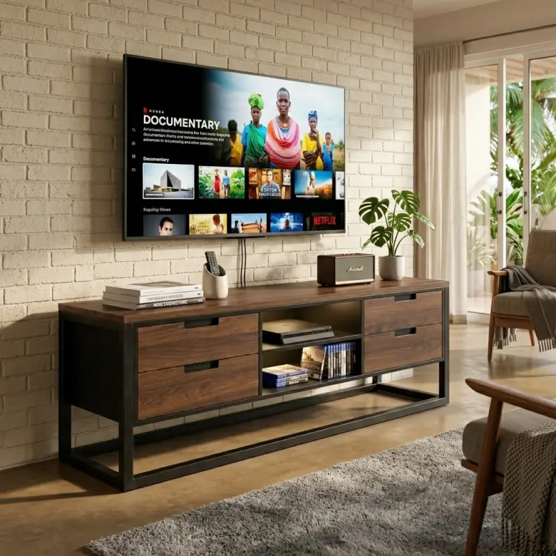 Lemari TV Industrial Rangka Besi dengan 4 Laci dan Rak Terbuka [2]