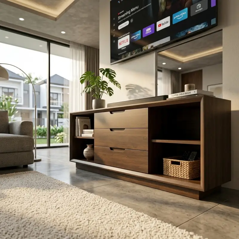 Lemari TV Kayu 3 Laci dengan Rak Terbuka [3]