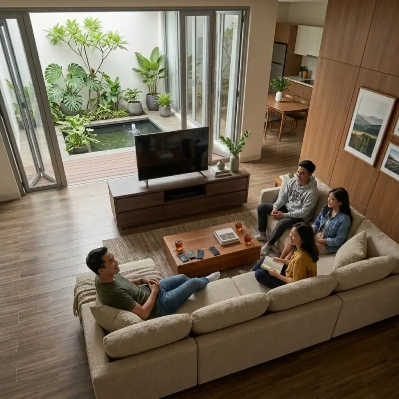 Lemari TV Kayu Walnut Minimalis dengan Laci dan Rak Terbuka [5]