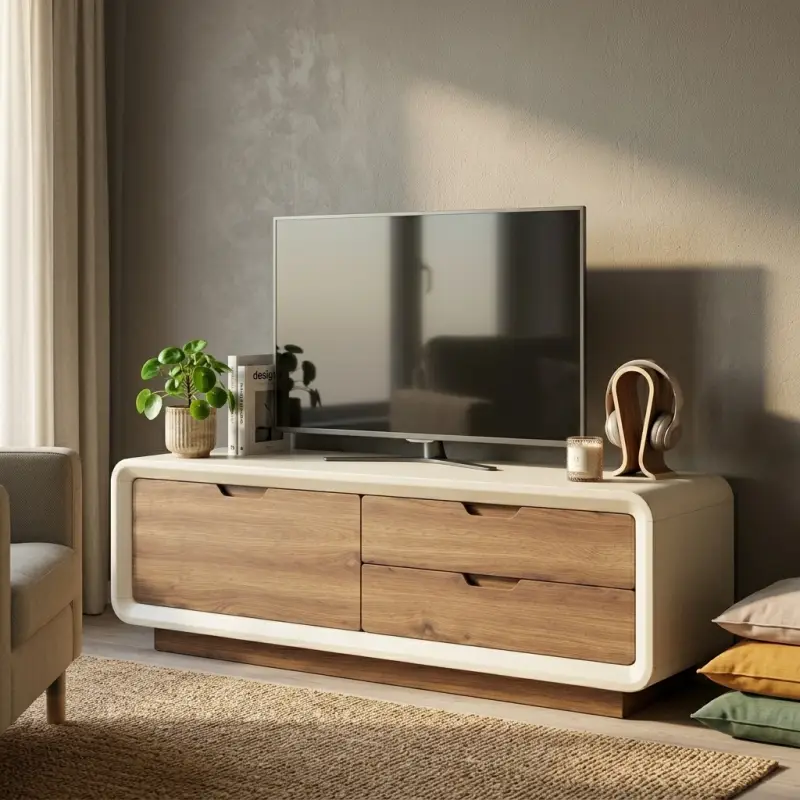 Lemari TV Laci Kombinasi Kayu Walnut dan Panel Putih [2]
