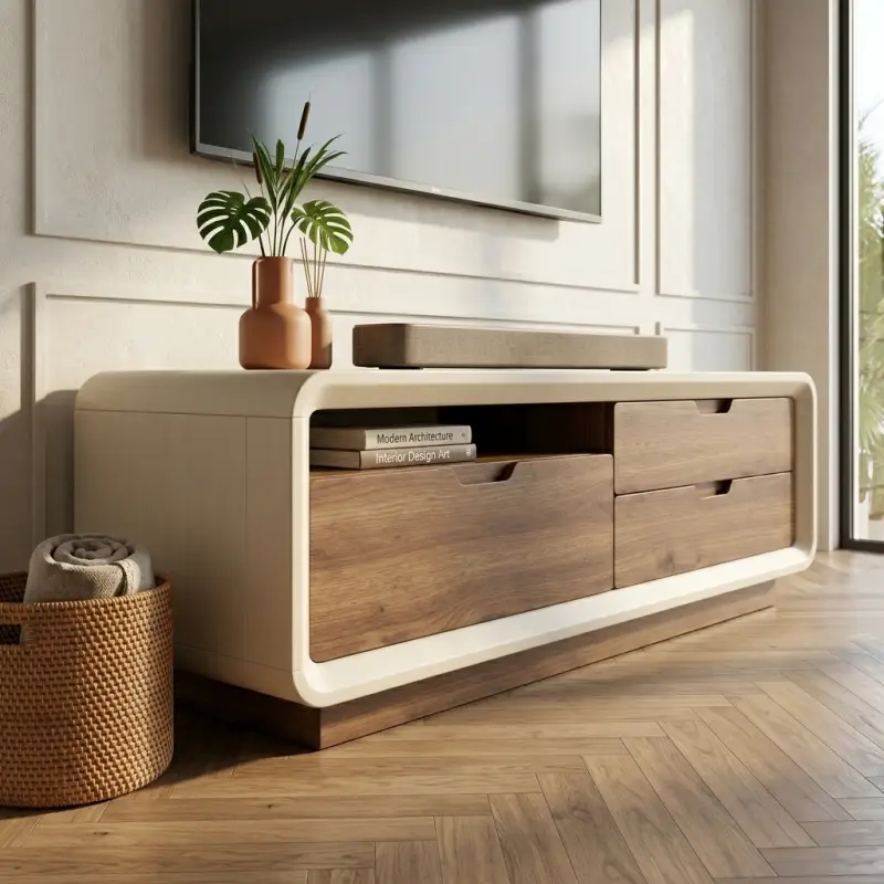 Lemari TV Laci Kombinasi Kayu Walnut dan Panel Putih [4]