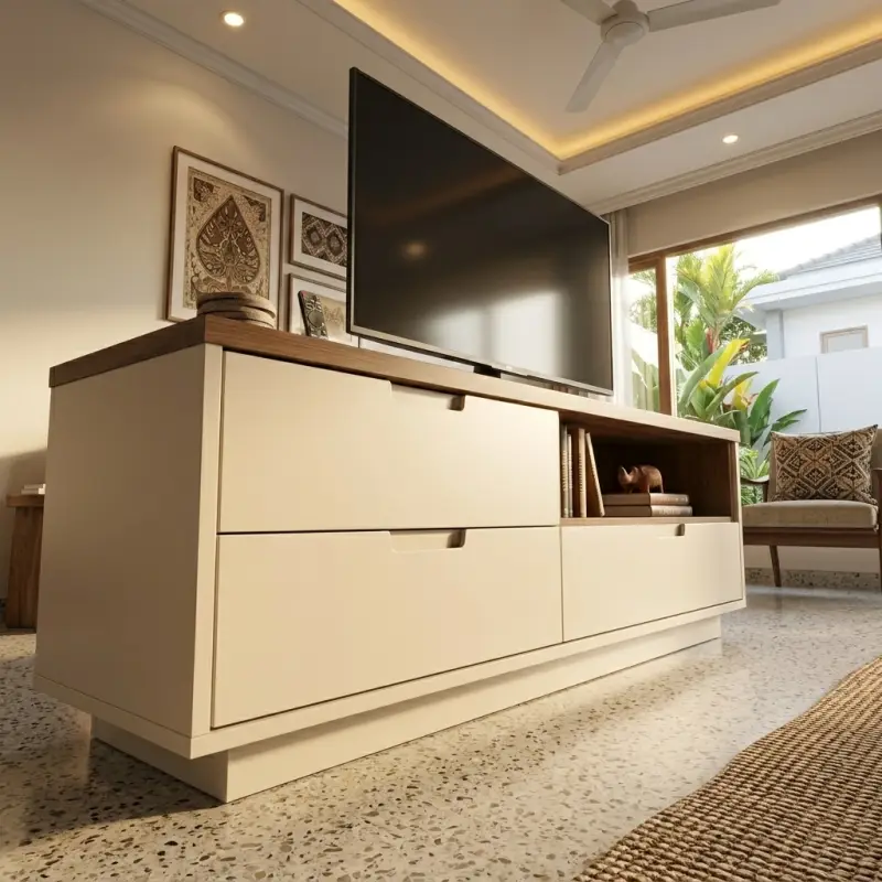 Lemari TV Laci Tiga Pintu Open Shelf Skandinavian [3]
