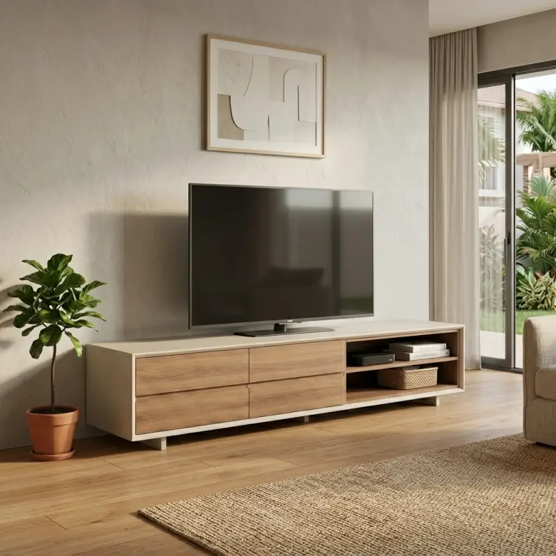 Lemari TV Minimalis Dua Zona Kayu Walnut dan Rangka Putih [2]