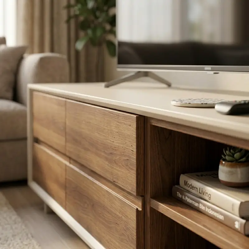 Lemari TV Minimalis Dua Zona Kayu Walnut dan Rangka Putih [3]