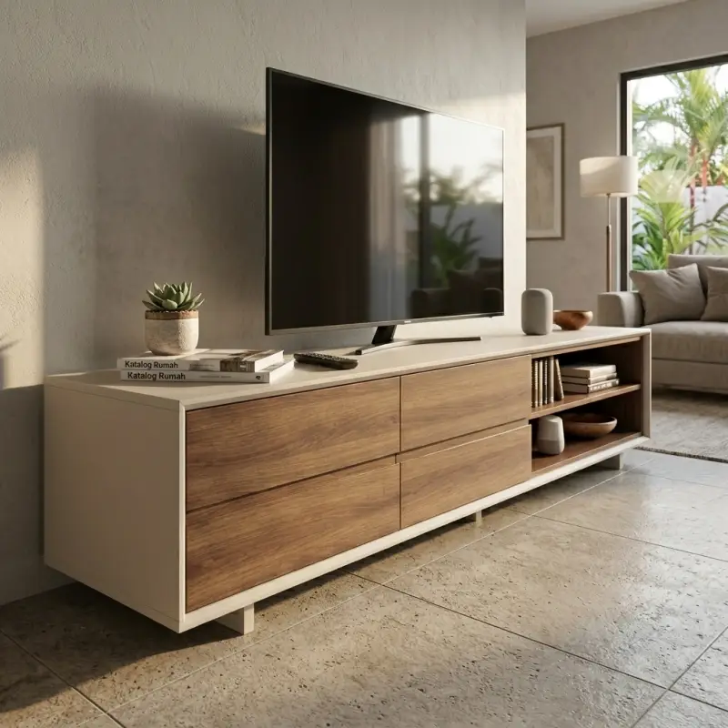 Lemari TV Minimalis Dua Zona Kayu Walnut dan Rangka Putih [4]