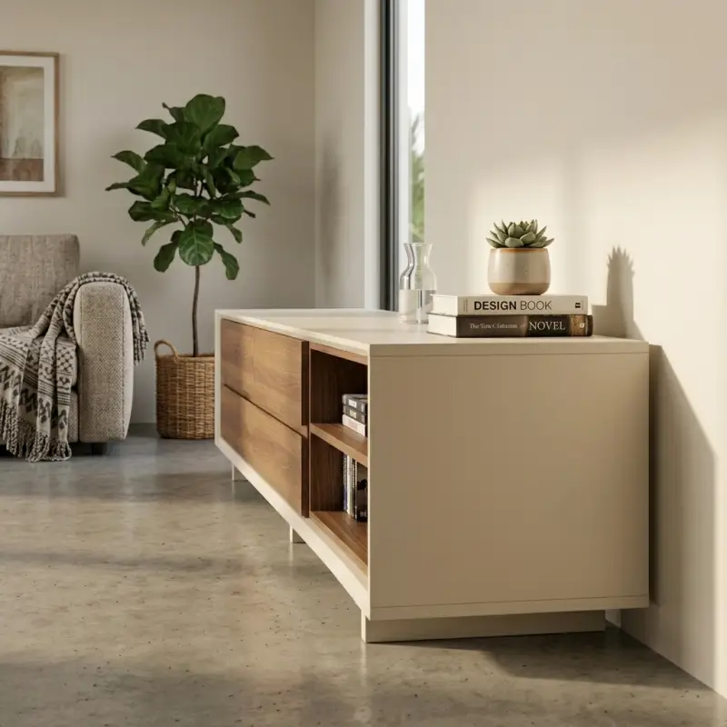 Lemari TV Minimalis Dua Zona Kayu Walnut dan Rangka Putih [5]