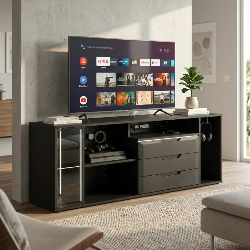 Lemari TV Minimalis Hitam dengan Laci dan Rak Terbuka [4]
