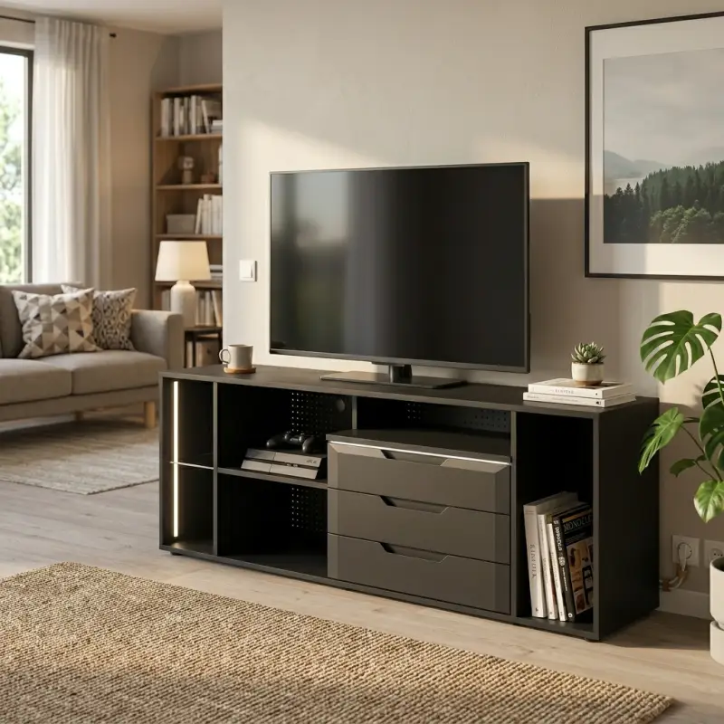Lemari TV Minimalis Hitam dengan Laci dan Rak Terbuka [6]