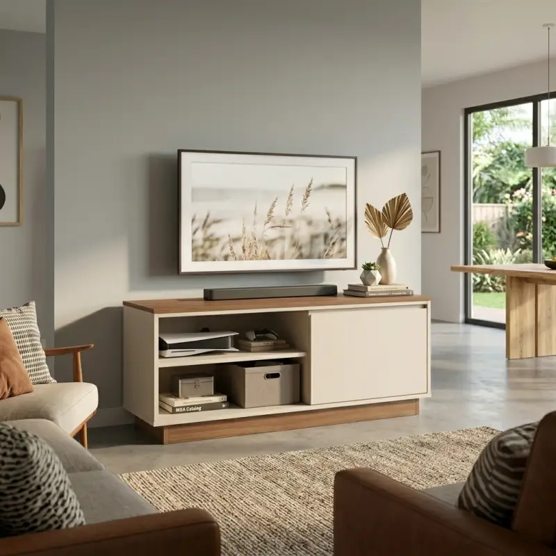 Lemari TV Minimalis Kombinasi Kayu Walnut dan Panel Doff [2]