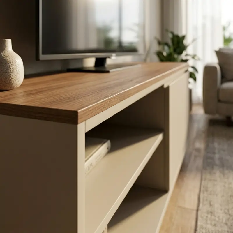 Lemari TV Minimalis Kombinasi Kayu Walnut dan Panel Doff [3]