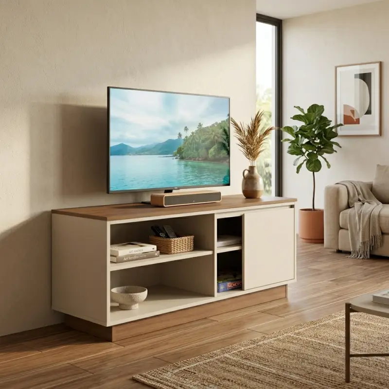 Lemari TV Minimalis Kombinasi Kayu Walnut dan Panel Doff [4]