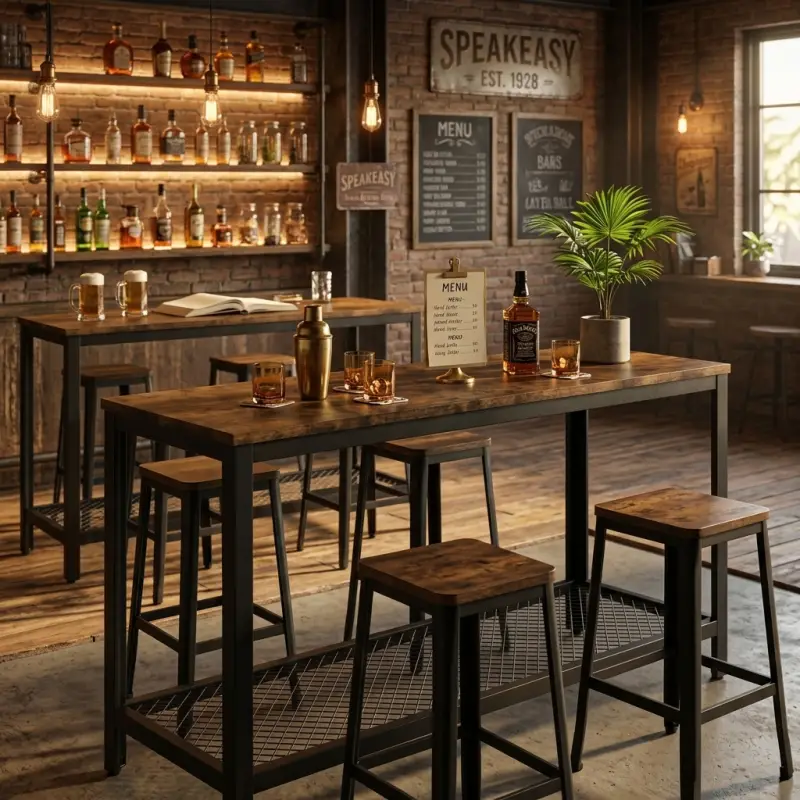 Meja Bar Industrial Kayu Solid Rangka Besi dengan Rak Mesh Bawah [2]