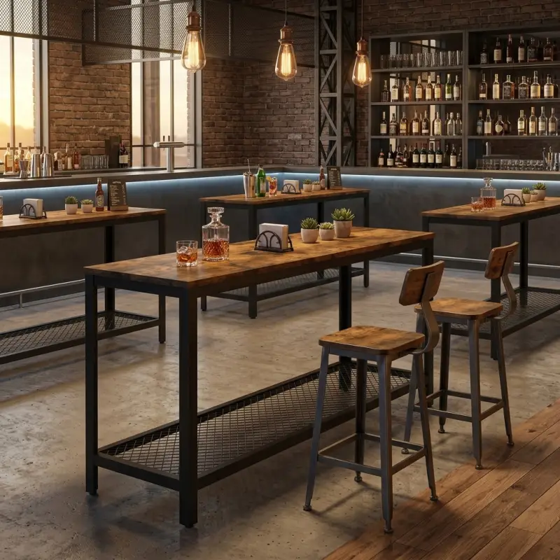 Meja Bar Industrial Kayu Solid Rangka Besi dengan Rak Mesh Bawah [3]