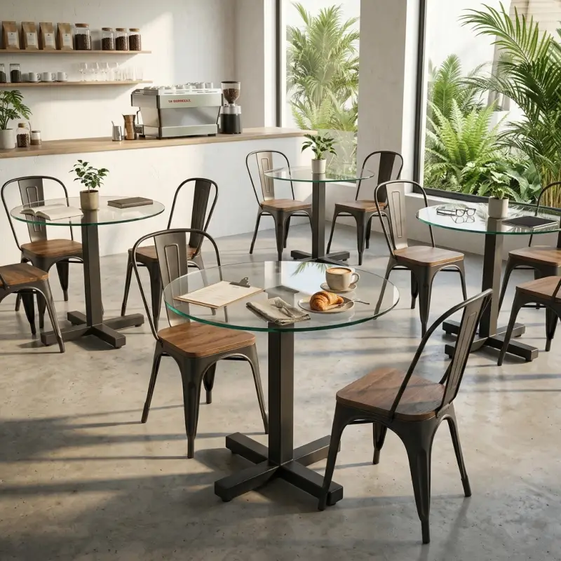 Meja Cafe Bulat Top Kaca Kaki Besi Silang [4]