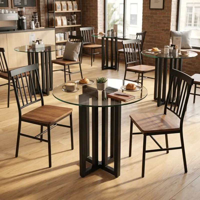 Meja Cafe Bulat Top Kaca Kaki Cluster Besi [4]