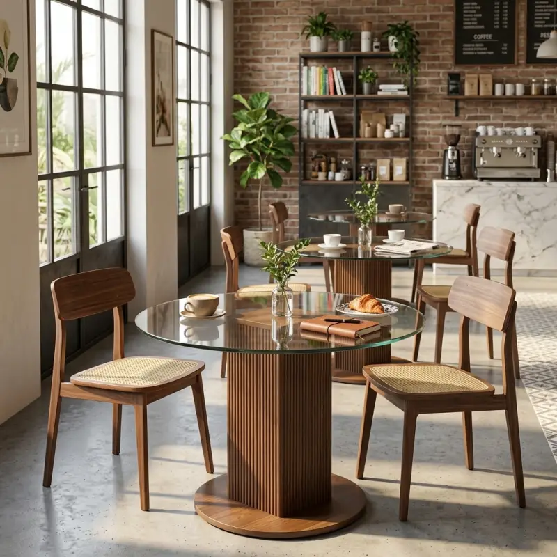 Meja Cafe Bulat Top Kaca Kaki Fluted Kayu Walnut [3]
