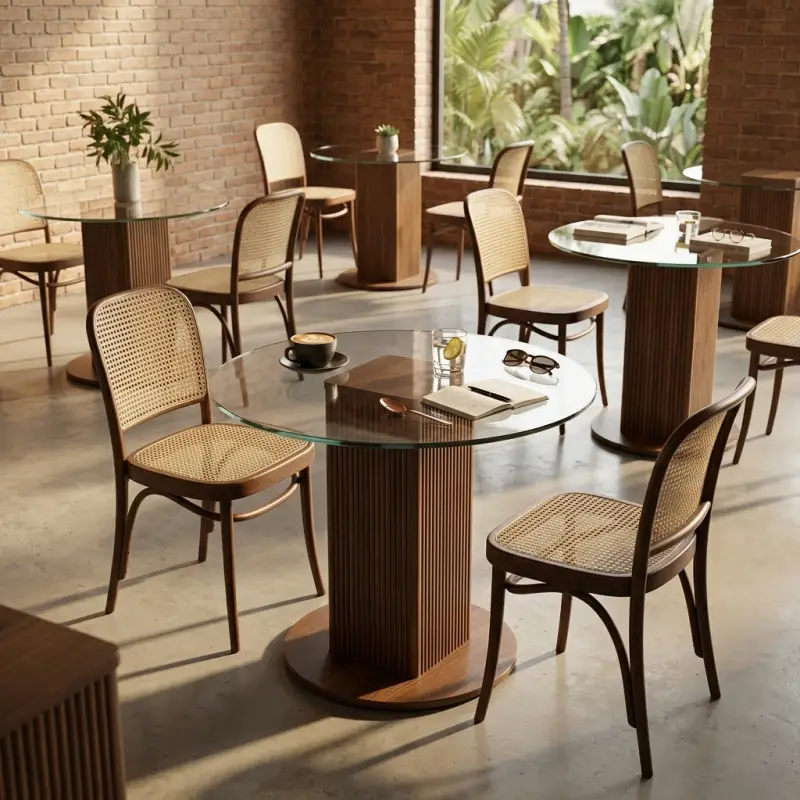 Meja Cafe Bulat Top Kaca Kaki Fluted Kayu Walnut [4]