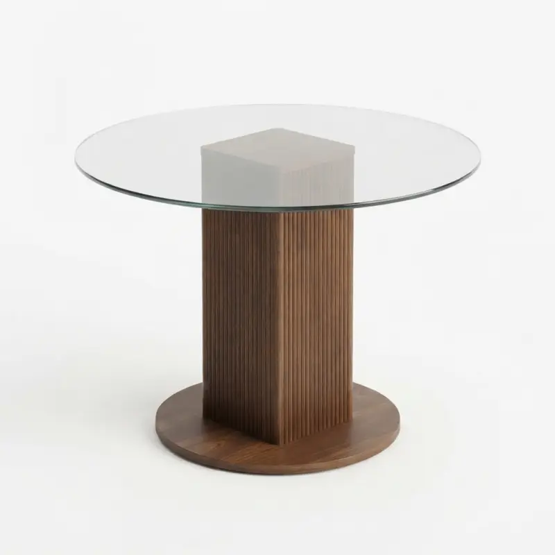 Meja Cafe Bulat Top Kaca Kaki Fluted Kayu Walnut [5]