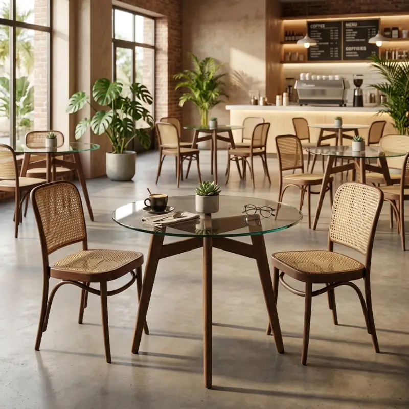 Meja Cafe Bulat Top Kaca Kaki Fluted Kayu Walnut [3]