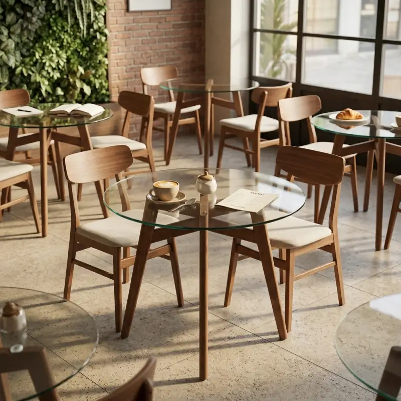 Meja Cafe Bulat Top Kaca Kaki Fluted Kayu Walnut [4]