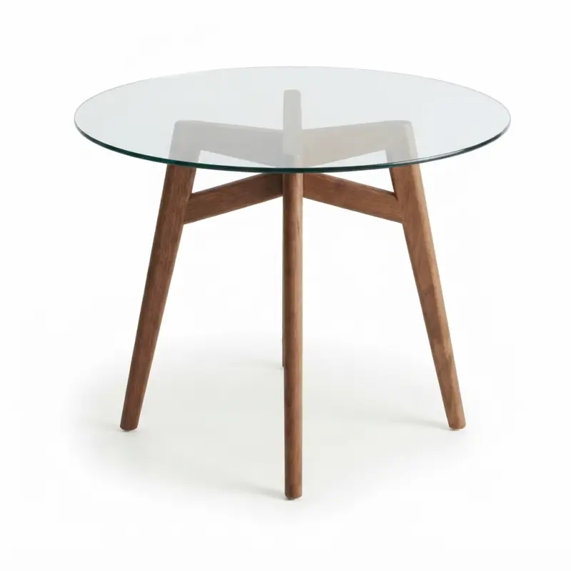 Meja Cafe Bulat Top Kaca Kaki Fluted Kayu Walnut [5]