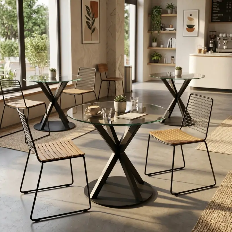 Meja Cafe Bulat Top Kaca Kaki X Besi [3]