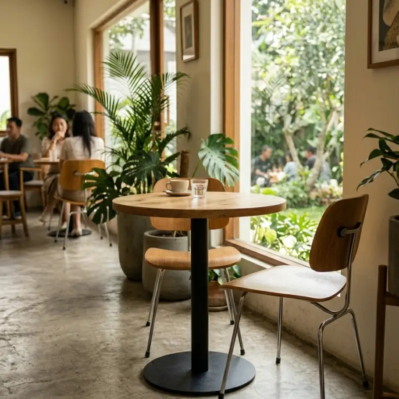 Meja Cafe Bulat Top Kayu Solid Kaki Besi [3]